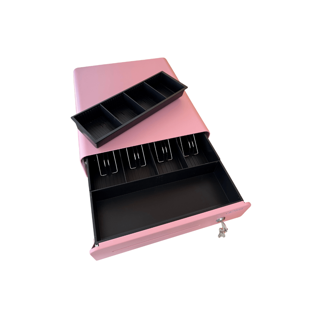 ลิ้นชักเก็บเงิน EASYPRINT รุ่น CD-335 สีชมพู 4 ช่องธนบัตรขนาดใหญ่ 4 ช่องเหรียญ RJ11 12/24V